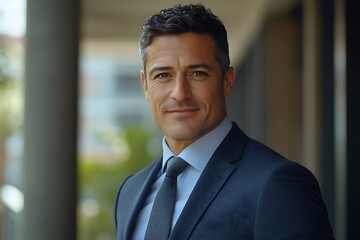 Fototapeta premium Confident Businessman in Suit Smiling Outdoors - Corporate Portrait