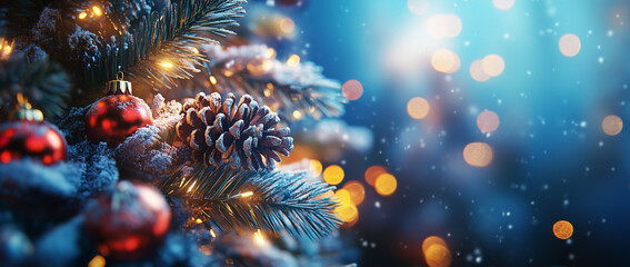 Close-up of frosted Christmas tree branches decorated with red baubles, pinecones, and warm lights, creating a cozy holiday ambiance.
