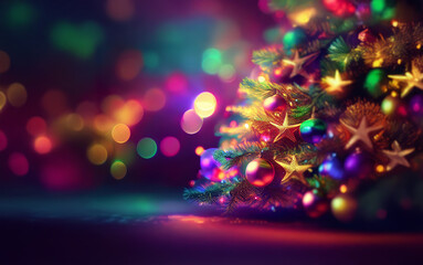 A decorated Christmas tree with colorful ornaments, illuminated by festive lights.
