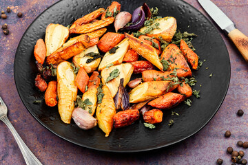 Tasty baked root vegetables on table.