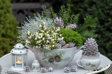 Weihnachts-Gartendekoration mit weißer Torfmyrte, Silberdrahtpflanze, Strauchveronika und Zapfen...