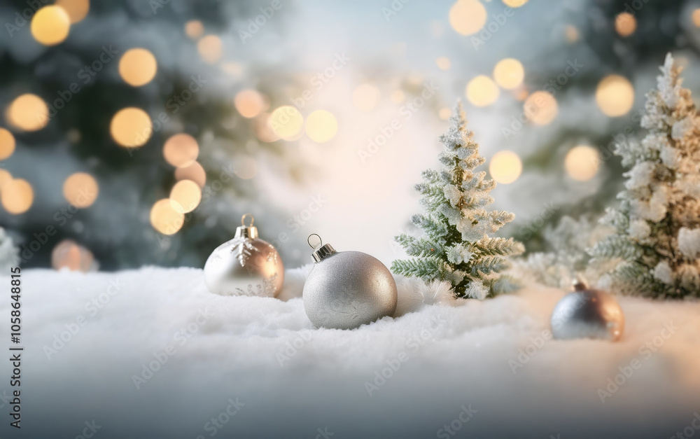 Poster a snowy winter scene with three silver ornaments and a small pine tree. the background is filled wit