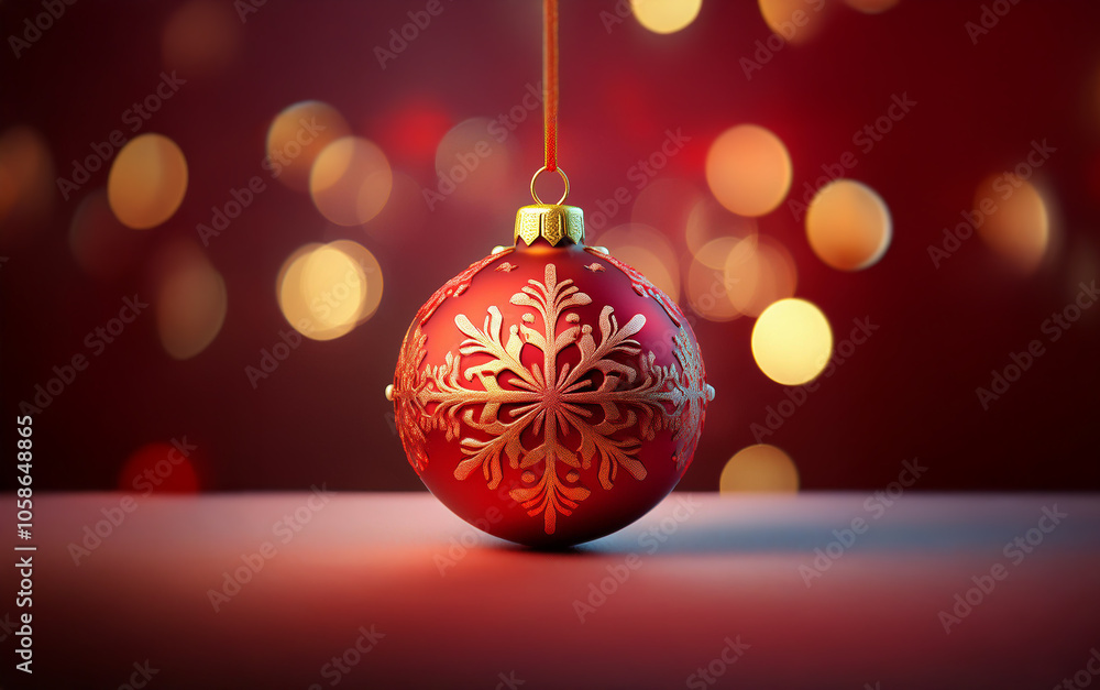 Poster A single red Christmas ornament with gold snowflake pattern hangs from a gold string in front of a bokeh background.