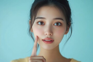 lack of sleep problem,  Worried Asian young woman pointing finger at dark circles under her eyes, Generative AI