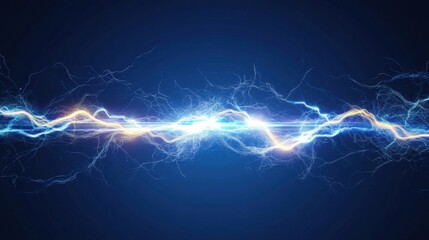 Electrifying energy surge with vivid blue and yellow lightning on dark background
