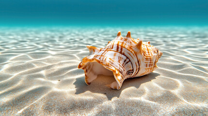Close-up of a conch shell on the sandy ocean floor with sunlight creating ripple patterns in the clear water.
