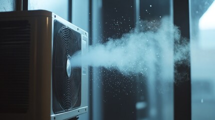A close-up of an air conditioner unit emitting a plume of steam.