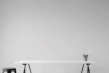 Minimalist White Wall with Simple Desk and Stool