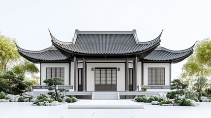 Obraz premium Traditional Chinese Anhui Hui-style Architecture with White Background, Platform, Roads, Parking Lots, and Brick Pavements for Car Advertisement Background