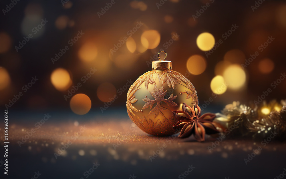 Poster a golden christmas ornament with a star design sits on a dark background with bokeh lights and a spr