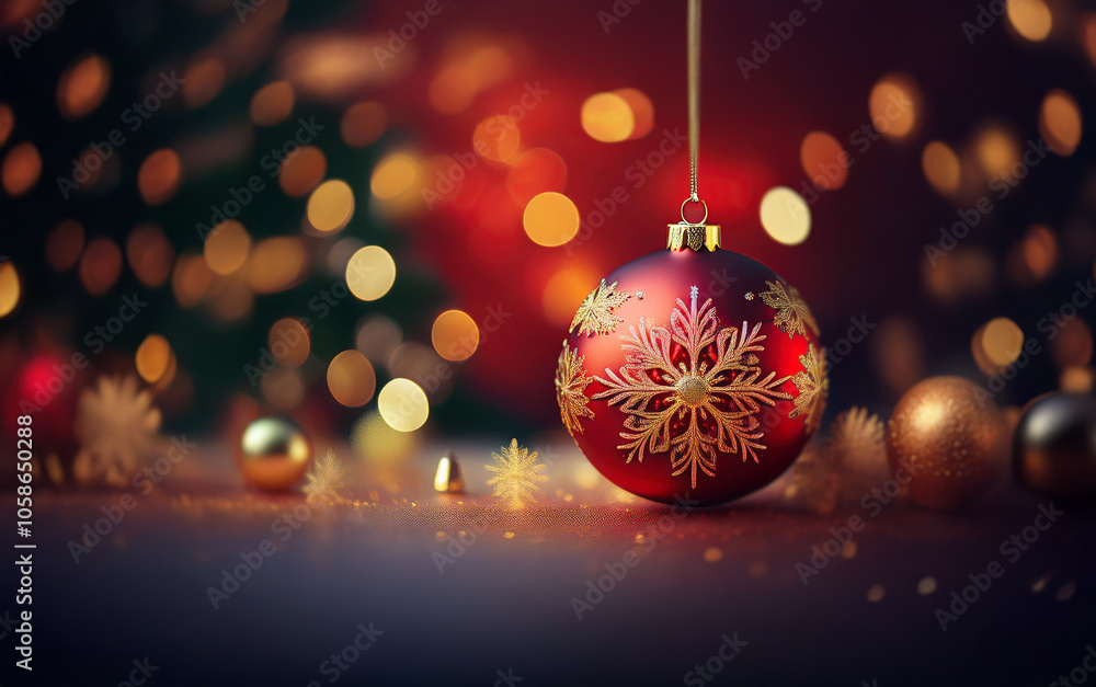 Poster a red christmas ornament with a gold snowflake design hangs against a backdrop of twinkling lights.