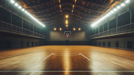 Empty basketball court with wooden floor, lit by spotlights, with a hoop in the center.