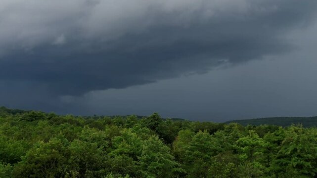 Fly over a summer wilderness forests towards a thunder and lighting storm. Room for text, drone footage