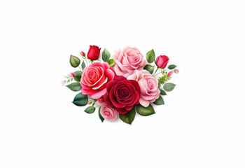 Fototapeta premium A bouquet of pink, red, and burgundy roses with green leaves on a white background.