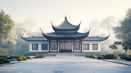 Obraz premium Traditional Chinese Anhui Hui-style Architecture with White Background, Platform, Roads, Parking Lots, and Brick Pavements for Car Advertisement Background