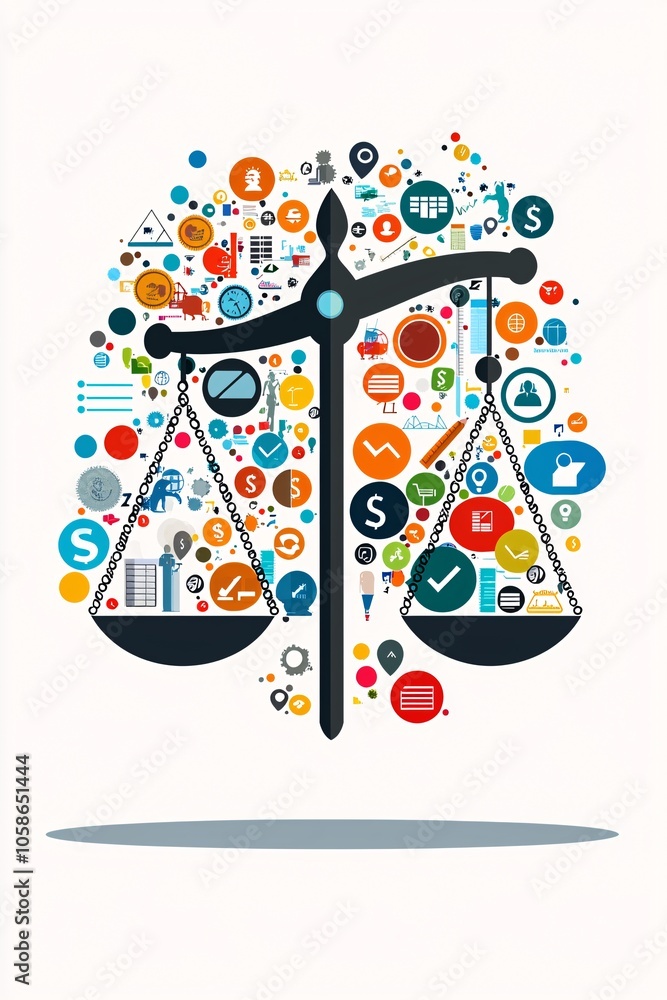 Poster minimalist balance scales with cost and value icons on each side, set against a neutral background t