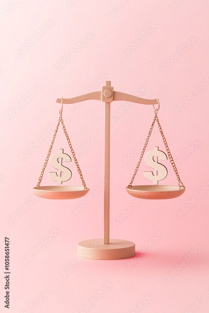 Poster minimalist balance scales with cost and value icons on each side, set against a neutral background t