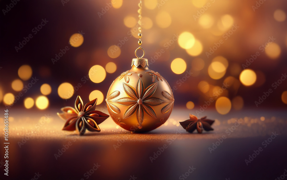 Poster a golden christmas ornament hangs from a chain with a soft, glowing backdrop of out-of-focus lights,