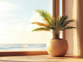 Obraz premium Calming Scene of a Miniature Palm Tree in a Ceramic Pot