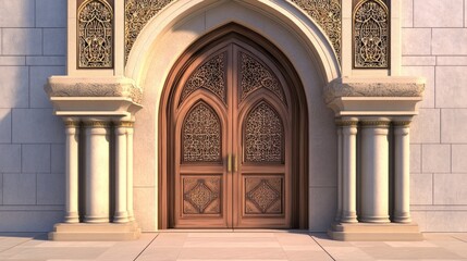 Fototapeta premium Ornate double wooden doors with intricate carvings set within an arched doorway with decorative stonework and columns.