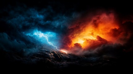 Fototapeta premium Dramatic stormy sky with lightning strike and fiery red clouds.