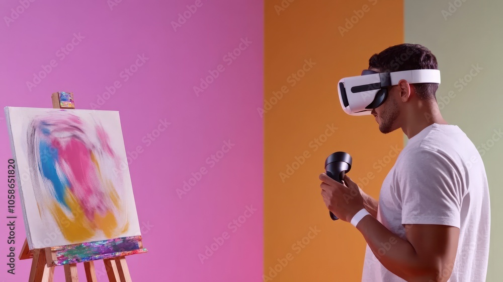 Poster a person using virtual reality to create art on a canvas.