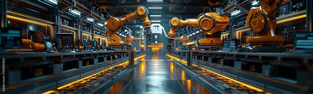 Poster a high-tech industrial environment featuring robotic arms engaged in automated manufacturing process