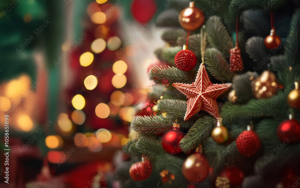 Poster a close-up view of a decorated christmas tree with red and gold ornaments and a star.