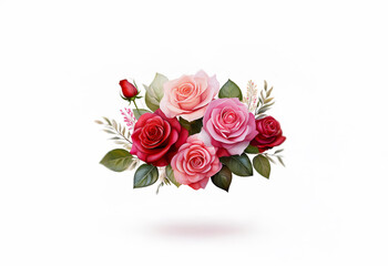 Fototapeta premium A bouquet of pink and red roses with green leaves and buds on a white background.