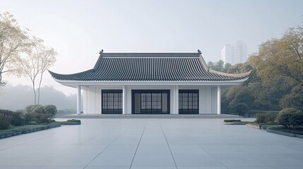 Naklejka premium Traditional Chinese Anhui Hui-style Architecture with White Background, Platform, Roads, Parking Lots, and Brick Pavements for Car Advertisement Background