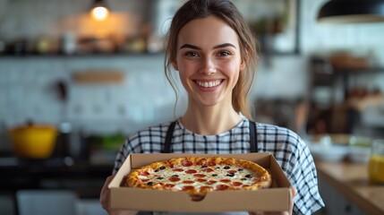 woman holding pizza in box,food delivery,takeaway food