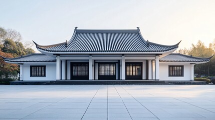 Naklejka premium Traditional Chinese Anhui Hui-style Architecture with White Background, Platform, Roads, Parking Lots, and Brick Pavements for Car Advertisement Background