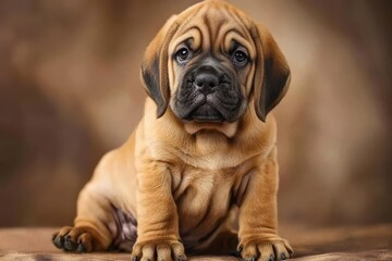 Bloodhound puppy, small with floppy ears and wrinkled face, sitting with curious look, playful and adorable