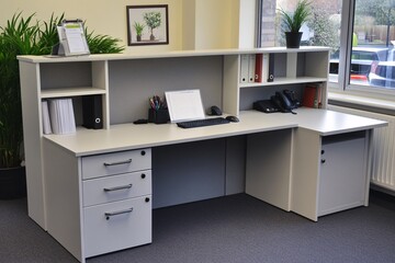 Modern Office Reception Desk with Shelving and Storage