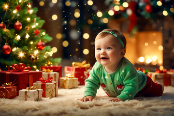 A joyful Christmas wallpaper with a happy baby surrounded by gifts; festive decorations, twinkling lights, and a warm, holiday atmosphere in ultra-detailed