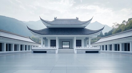 Obraz premium Traditional Chinese Anhui Hui-style Architecture with White Background, Platform, Roads, Parking Lots, and Brick Pavements for Car Advertisement Background