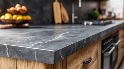 Close up of a grey marble countertop in a modern kitchen with wooden cabinets.