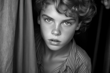A curious child peers through a curtain in a dimly lit room, capturing a moment of wonder