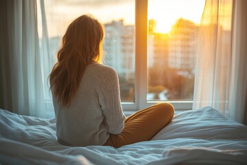 young woman sitting on the bed and looking outside window in hospital worry about her illness, Generative AI