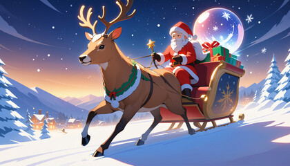 Santa Claus and Reindeer Flying Over Snowy Village