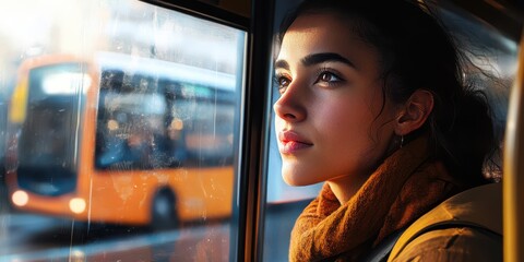 Thoughtful woman looking out a bus window, a reflective portrait of passenger experience. - Powered by Adobe