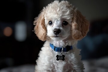 Poodle puppy, curly fluffy coat, sitting with curious expression, white and soft fur, playful and adorable