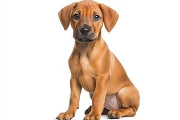 Rhodesian Ridgeback puppy, small and sleek, reddish-brown coat, sitting with curious expression, playful and adorable
