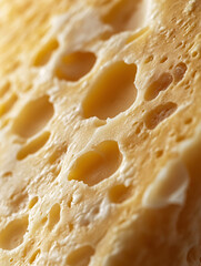 Processed texture of radomer or maasdam yellow cheese with large holes close up. Detailed photo of cheese surface in macro, grated cheddar cheese top view, Parmesan cheese slice texture background
