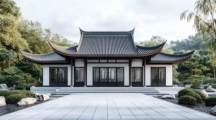 Traditional Chinese Anhui Hui-style Architecture with White Background, Platform, Roads, Parking Lots, and Brick Pavements for Car Advertisement Background