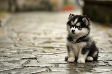 Fototapeta premium Alaskan Malamute puppy, small with fluffy black and white coat, sitting with playful and curious expression