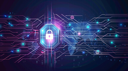 Fototapeta premium Concepto de ciberseguridad con candado digital y conexiones de red