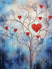  A whimsical tree with heart-shaped leaves, surrounded by swirling patterns and delicate swirls, set against an abstract background of soft blue hues