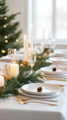 Festive elegant table, aesthetically served in white with pine branches. Traditional family dinner. Generative AI