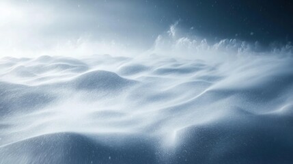 Obraz premium A vast, snow-covered landscape with a powerful wind blowing across it. The snow is swirling and blowing in the wind, and the sun is shining brightly in the distance, creating a dramatic effect.